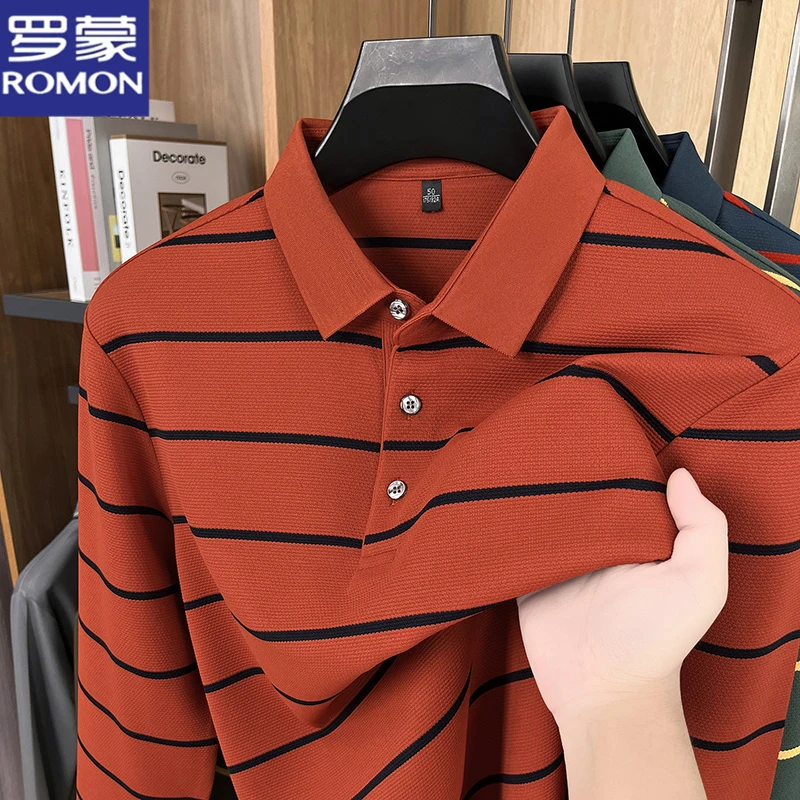 罗蒙春秋季新款时尚条纹男士长袖POLO衫休闲翻领宽松百搭潮流上衣