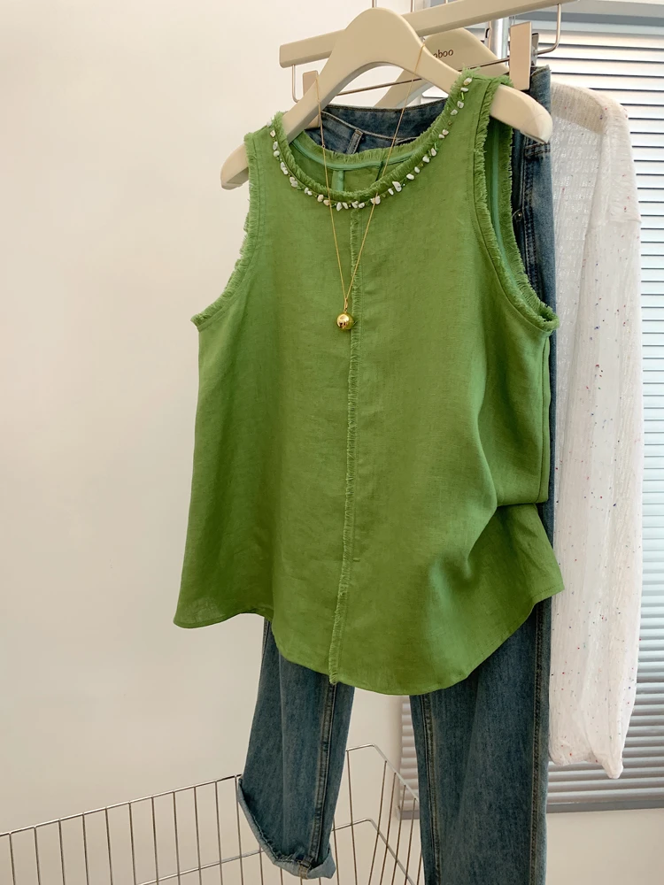 夏季2025新款绿色高级感坎肩宽松工字吊带背心外穿宽肩带无袖上衣