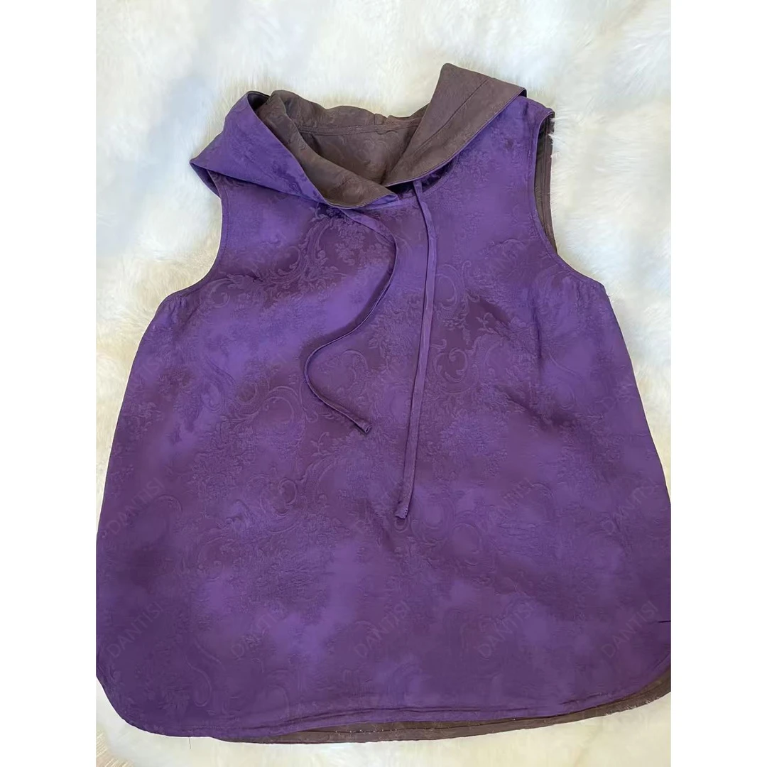 风屿《非遗美学》2240复古印花时尚减龄连帽无袖上衣