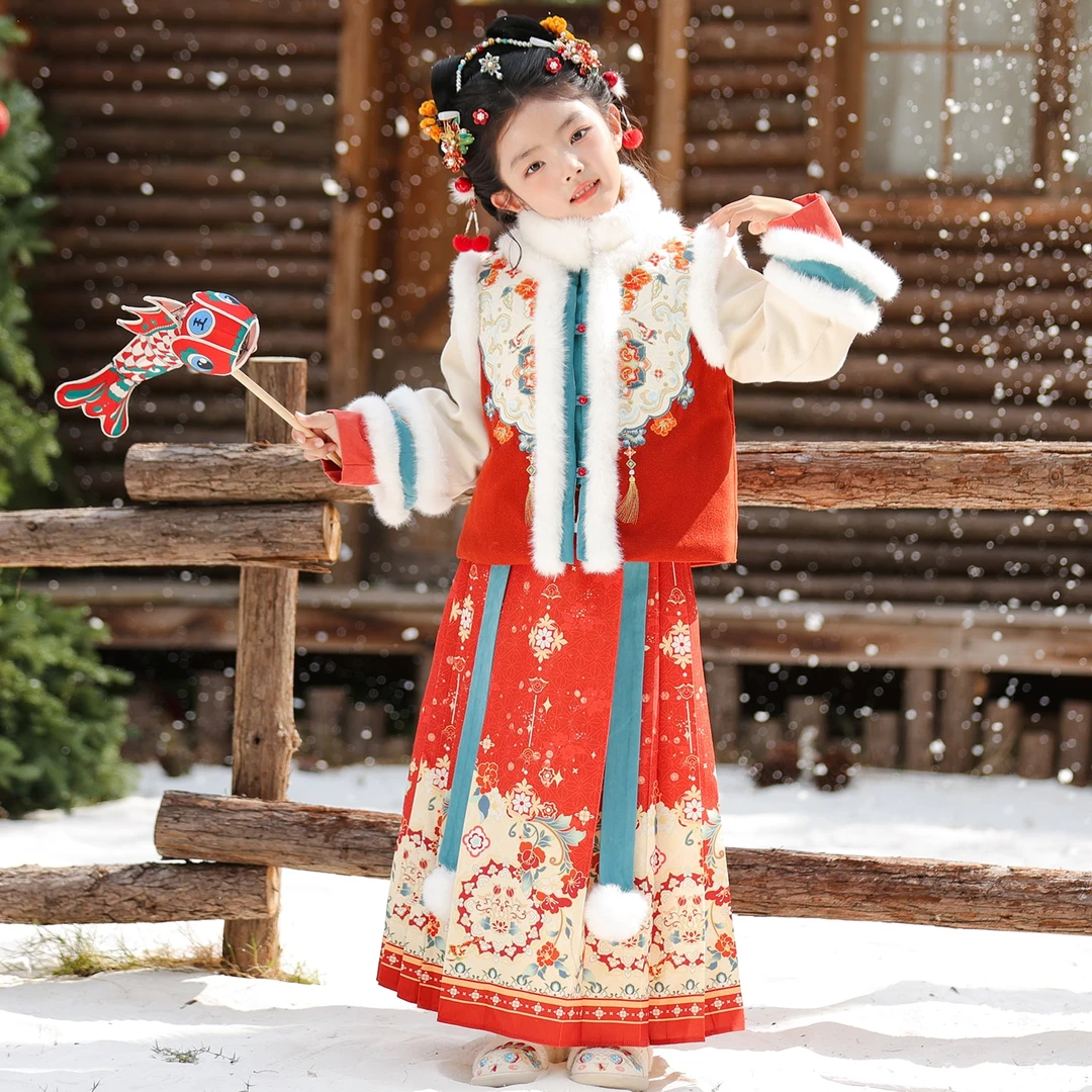 汉服女童冬季加厚马面裙套装儿童唐装拜年服秋冬新款冬装明制裙子