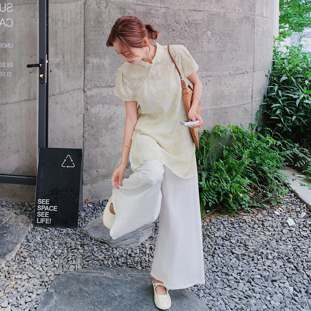 新中式国风禅意套装女夏季2025新款气质盘扣刺绣上衣阔腿裤两件套