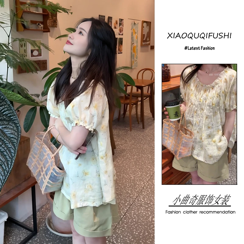 夏季2025新款一整套女装韩系穿搭温柔风甜美显瘦碎花上衣短裤套装