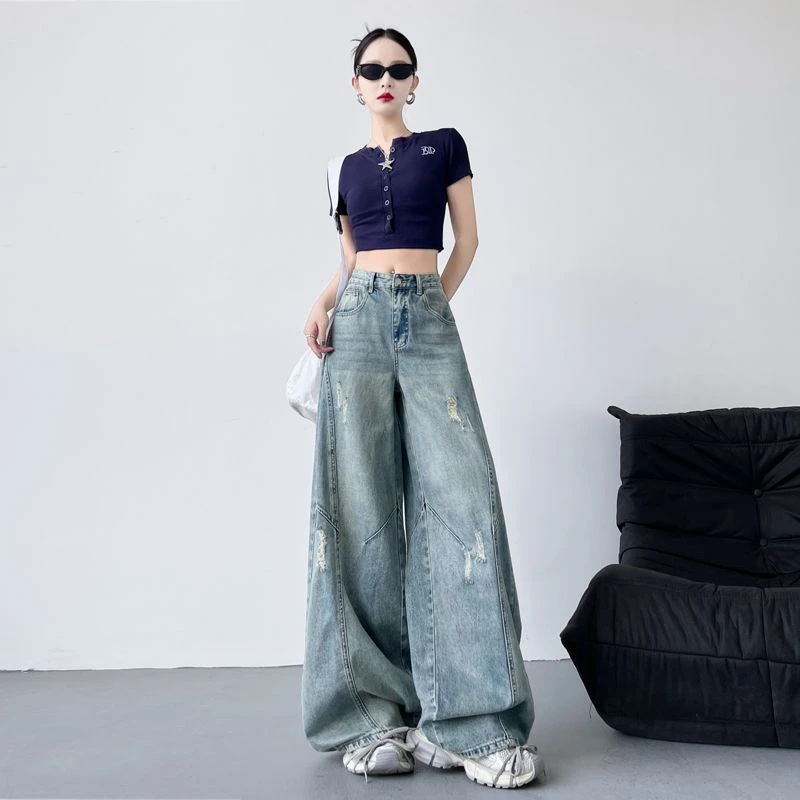 韩版复古弯刀牛仔裤女夏季薄款高腰宽松破洞显闲阔腿裤拖地裤长裤
