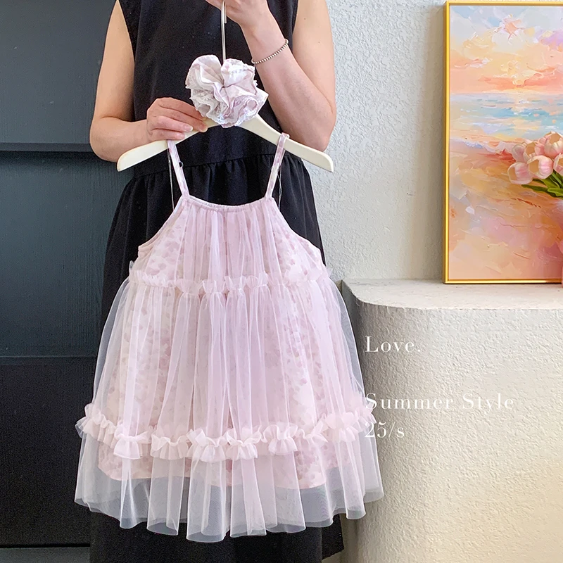 【本妈】2025夏“栀花清梦”女童吊带印花网纱连衣裙8805