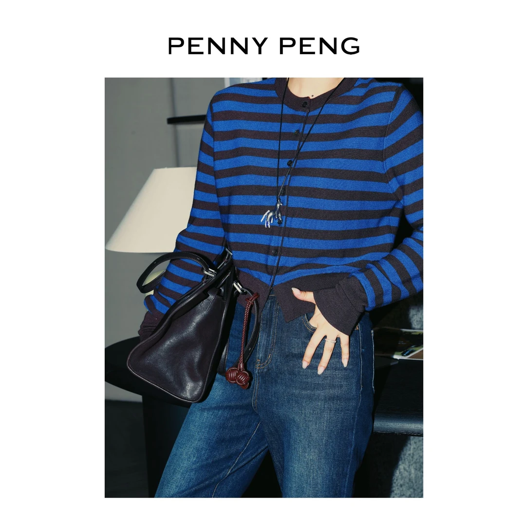 PENNYPENG 25号底片 蓝色条纹羊毛长袖上衣短款圆领薄款针织衫女