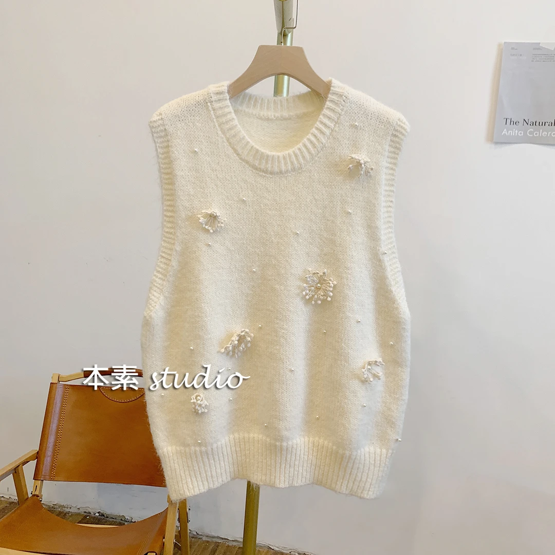 雪花C3123钉珠花朵圆领针织马甲