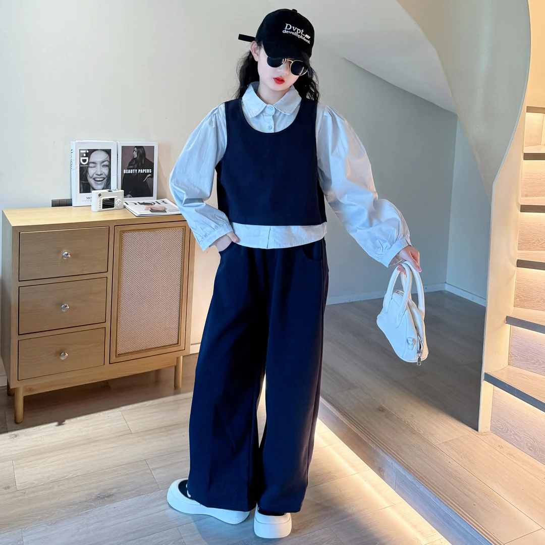 女童秋装套装2025新款儿童假两件上衣女大童秋季时髦阔腿裤两件套