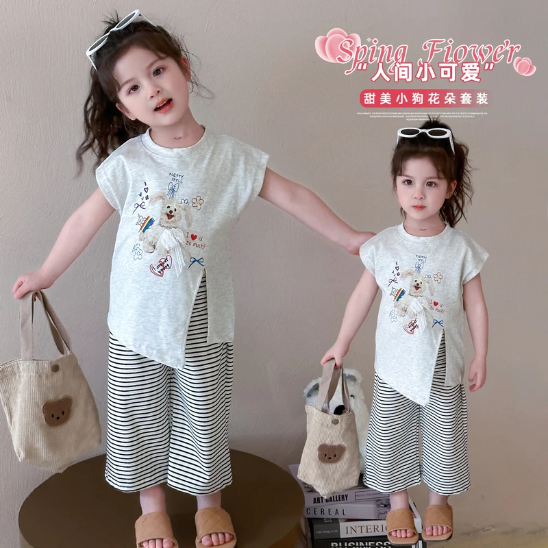 女童洋气套装2025夏季新款韩系穿搭女宝宝短袖T恤条纹休闲阔腿裤