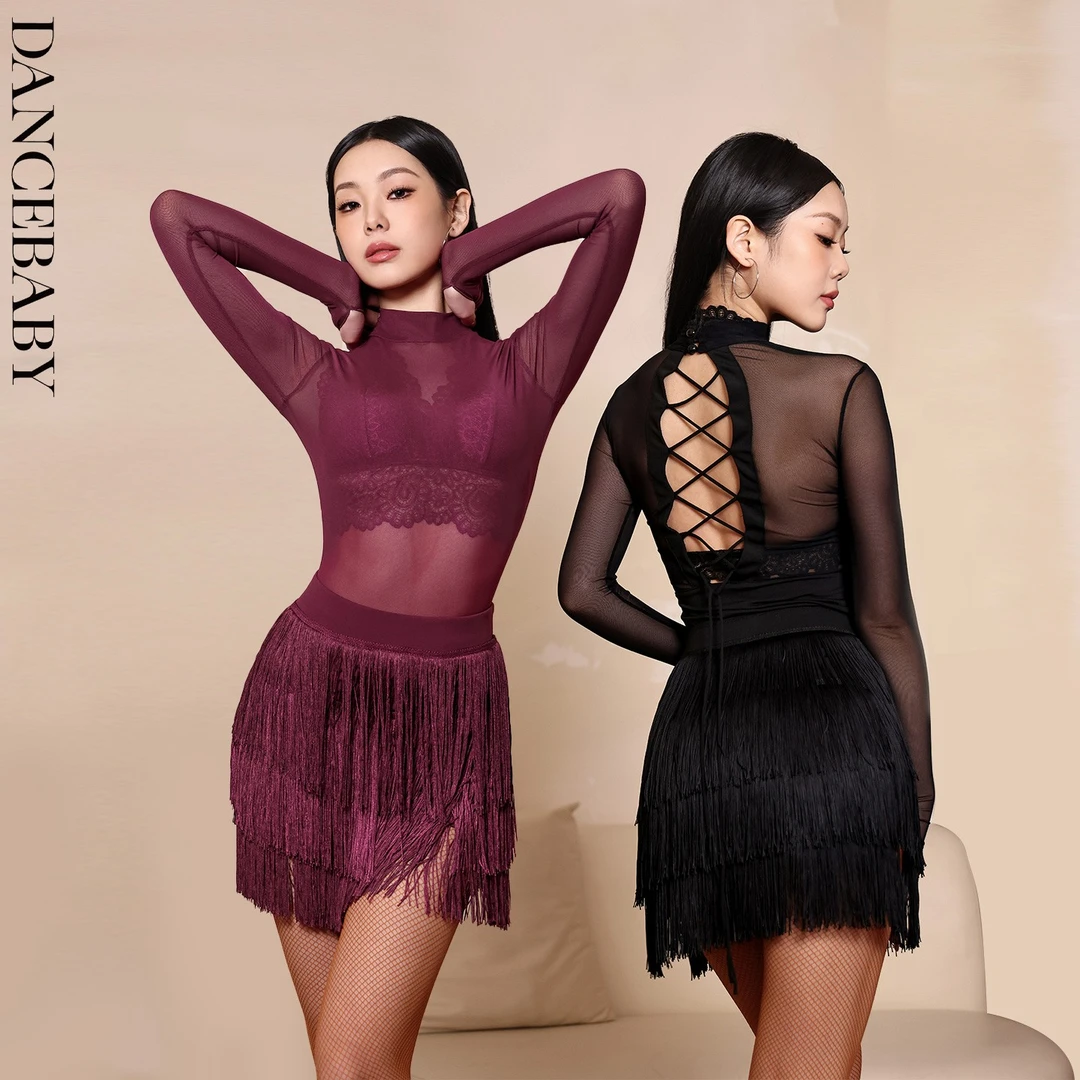 DANCEBABY拉丁舞连体上衣女新款美背练功服网纱两件舞蹈套装YD195