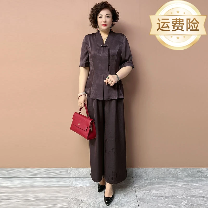 夏季火爆款高档桑蚕丝中老年妈妈显瘦阔太太宽松显瘦真丝两件套女