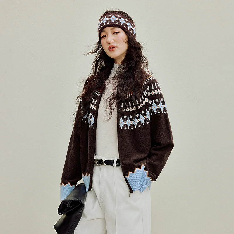 【莫瑞系穿搭】秋季费尔岛撞色几何提花毛衣外套叠穿针织开衫