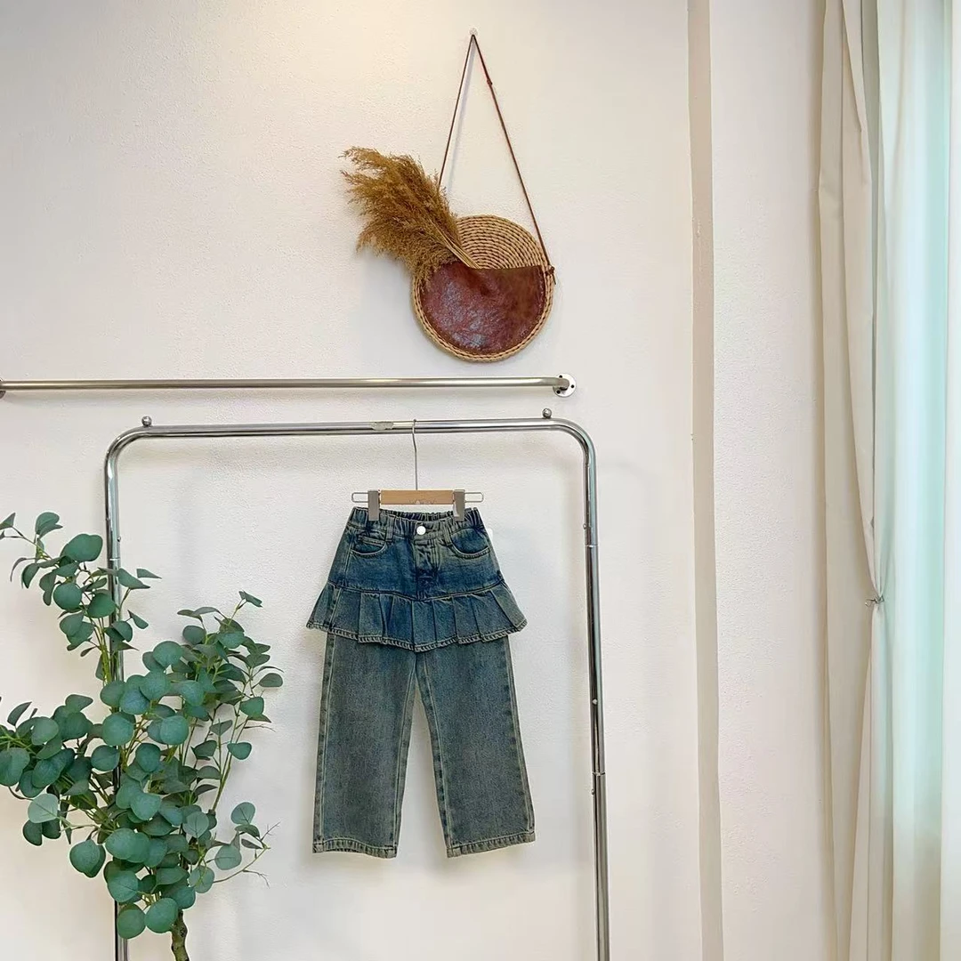 9002贝牛仔蓝假两件裤子