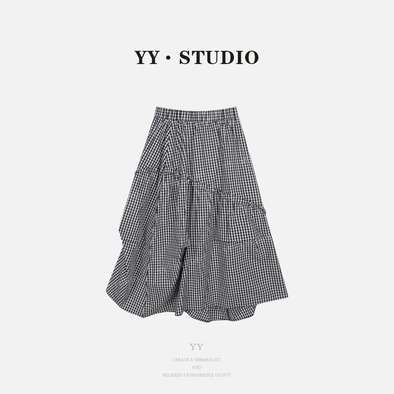 【丢丢专属】显瘦气质松紧腰格子斜边不规则半身裙YY-3864