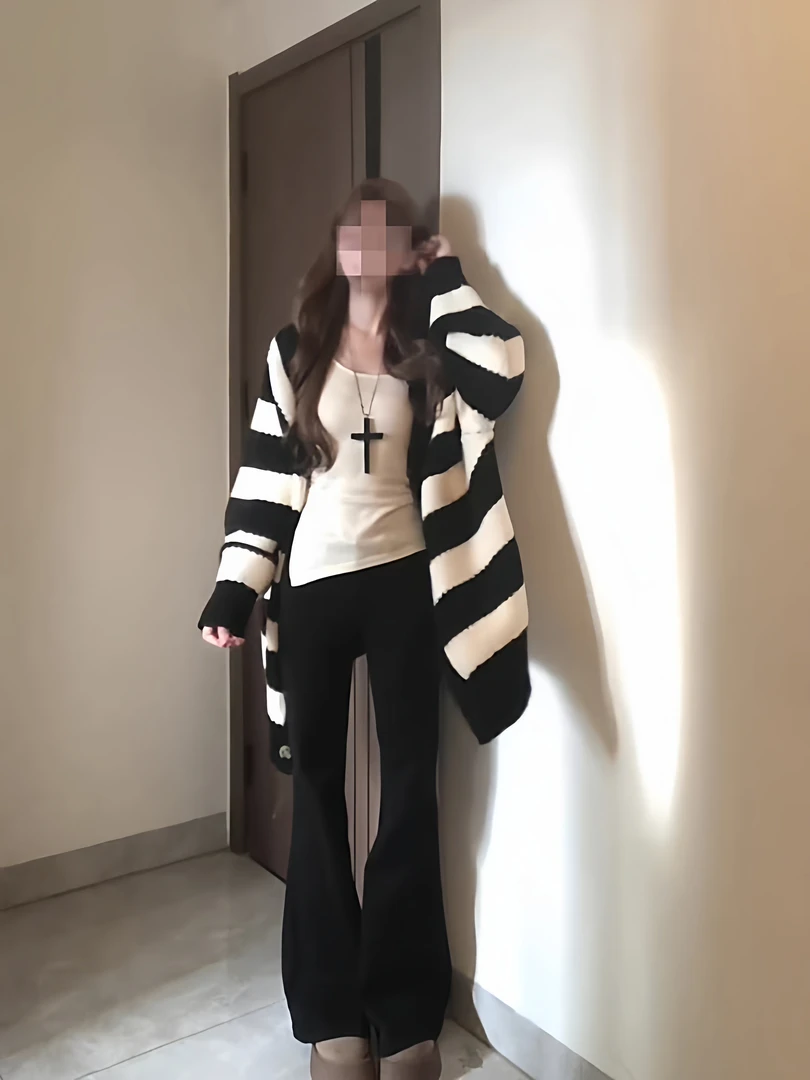 秋季新款穿搭宽松慵懒风针织衫开衫毛衣女休闲百搭条纹外套女上衣