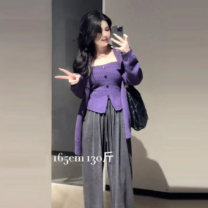 大码慵懒风高级感针织衫套装女秋冬胖纯欲加厚短款针织打底衫