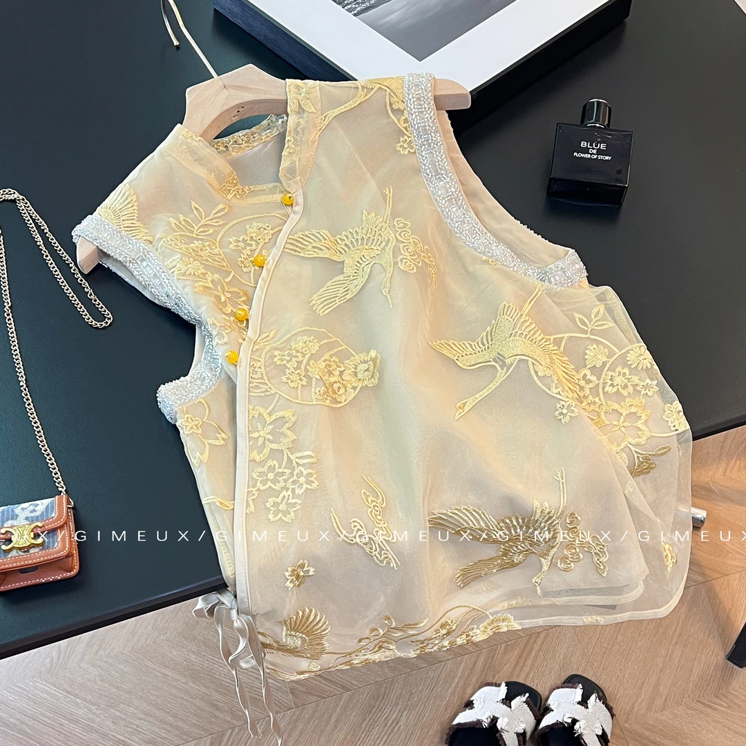 国风刺绣双层纱坎肩马甲女2025新款夏季高级感气质无袖背心上衣