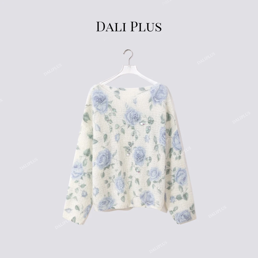 DALI PLUS“手盘立体玫瑰蓝花”马海毛羊毛套头针织衫-D5CH4839