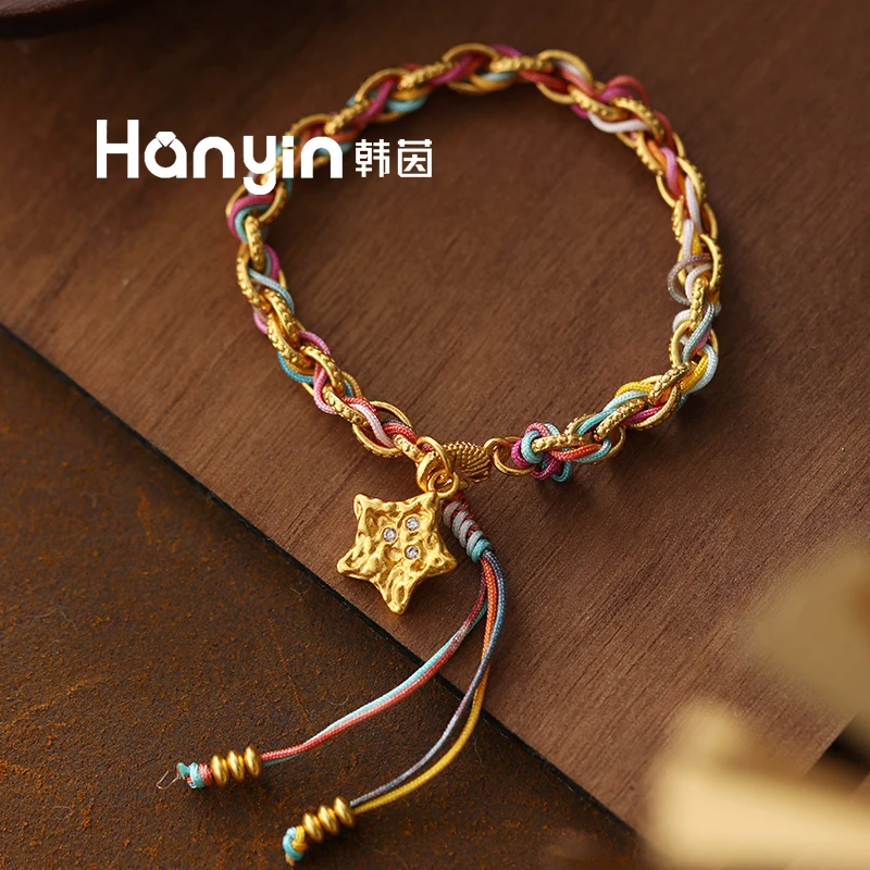 铜合金布艺手链 18cm立体肌理微镶五角星彩色手工精编手绳