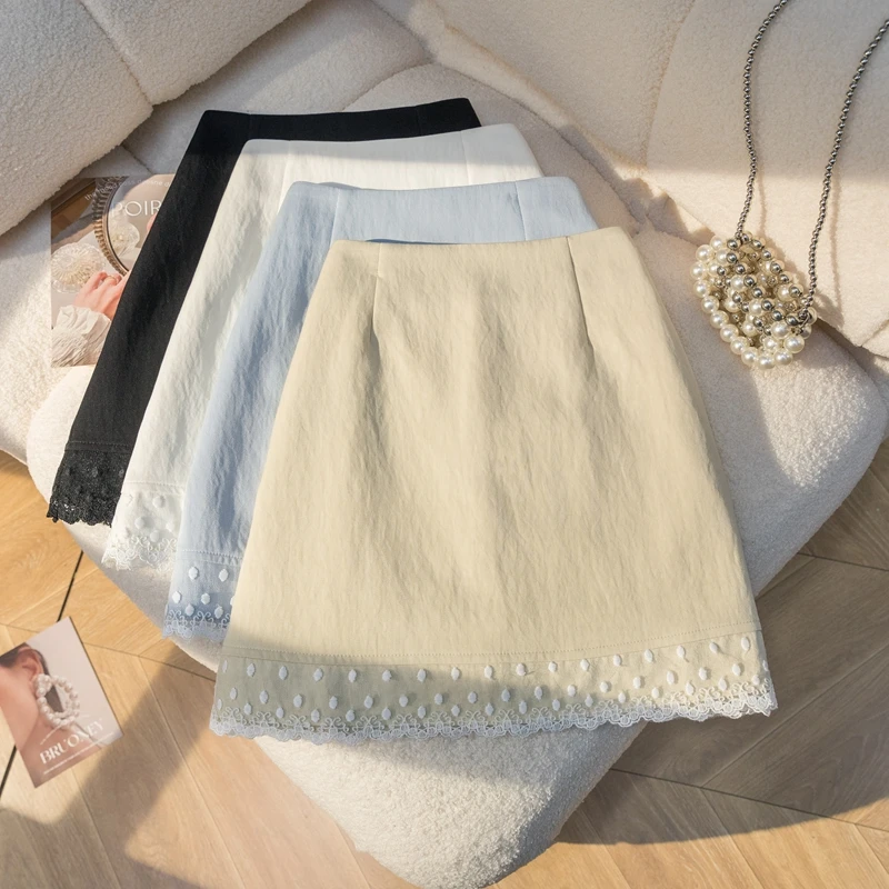 蕾丝边半身裙白色女2025春夏防走光高腰a字包臀裙洗水棉短裙子