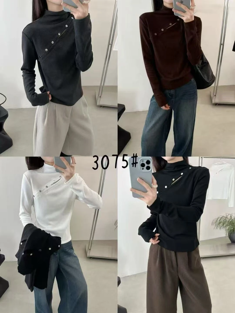 3075#熙荣·精品拉绒加厚设计纽扣女人味打底