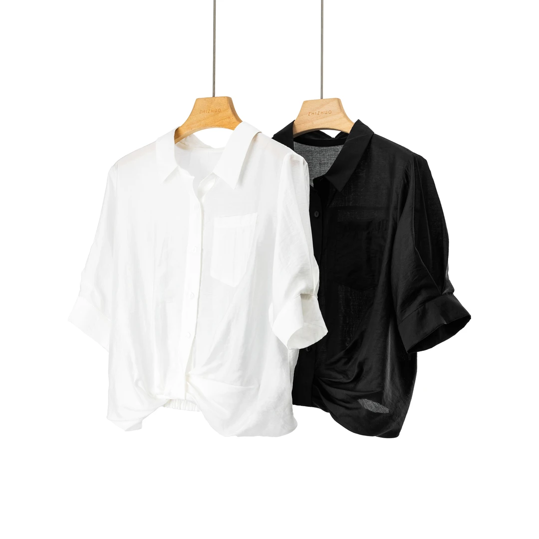 回忆冥想下摆收褶设计感遮肉百搭时髦翻领衬衫