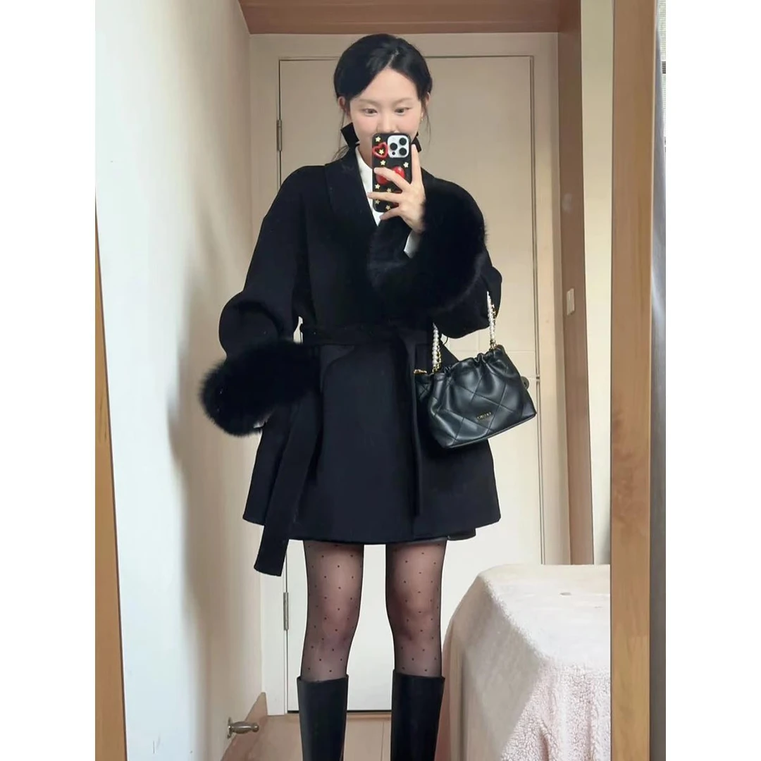 黑色狐狸毛双面羊绒大衣女2025冬季新款气质短款小个子羊毛呢外套