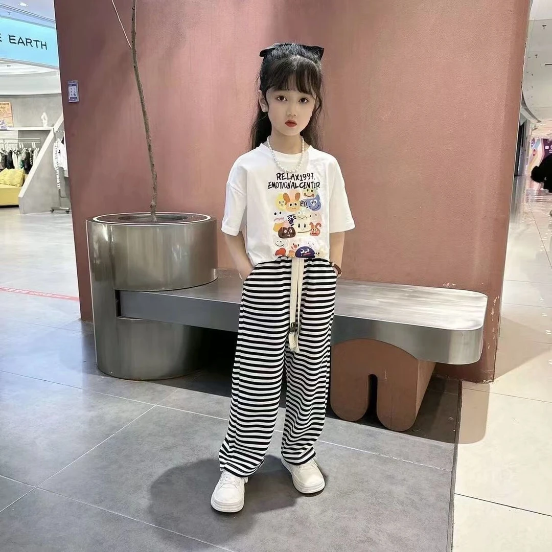 女童夏季套装2025洋气时髦短袖薄款网红条纹阔腿裤中大童两件套潮