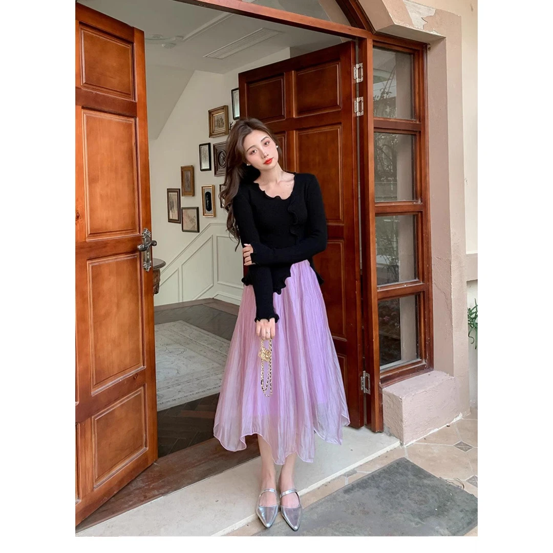 短款纯欲开叉不规则设计感针织上衣女秋木耳边长袖打底衫