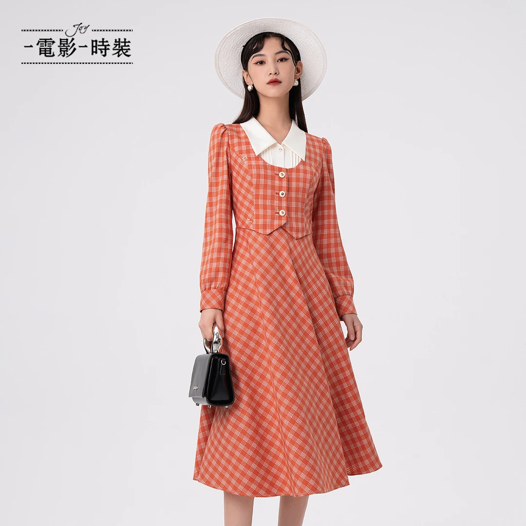【蜜思仝】一电影一时装橘红格假两件连衣裙FFNL112620