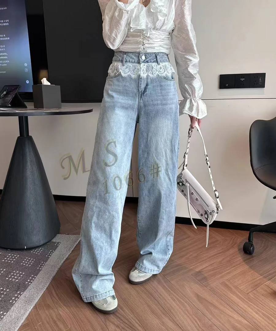 实拍蕾丝花边拼接宽松阔腿女牛仔裤1066
