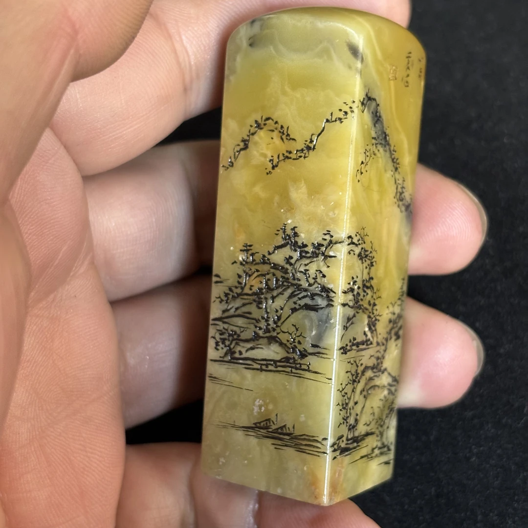 竹月刻绘青田石菜花刻山水印石章料23*23*73毫米