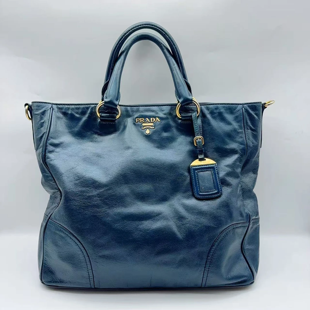 95新 Prada/普拉达 深蓝色油蜡皮托特 1362 6038