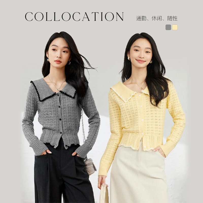*梵希蔓时尚复古休闲撞色针织衫翻领钩花镂空长袖上衣73313/73855