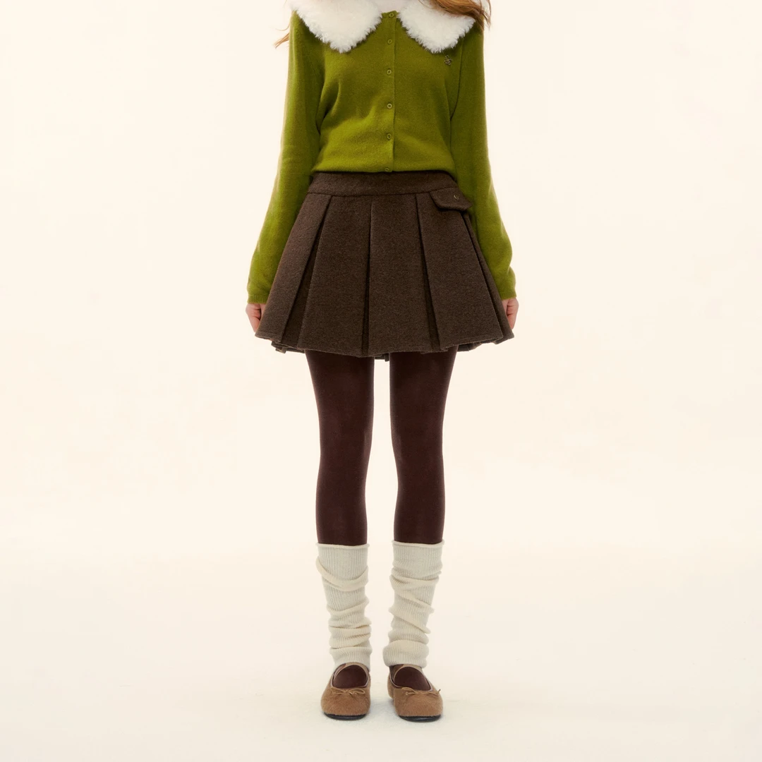 AsGony 袋盖装饰毛呢百褶裙