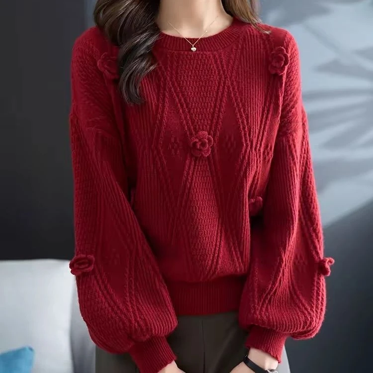 2025新款秋冬超好看本命年红色毛衣打底衫女短款宽松灯笼袖针织衫