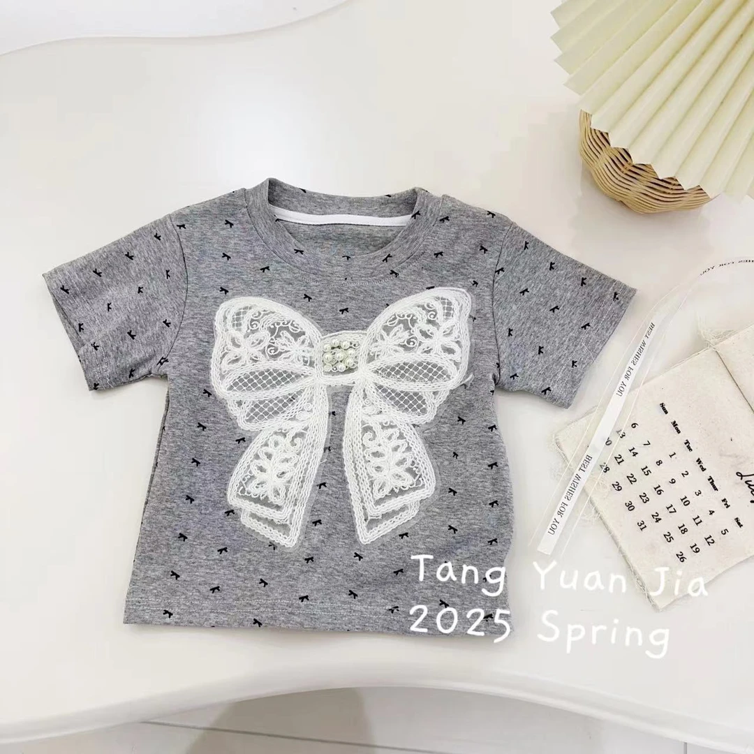 汤圆家童装2025夏季新款韩系甜美蝴蝶结刺绣气质T恤 YA-1263