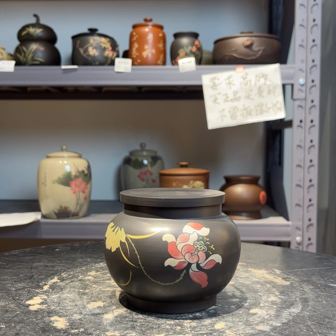正品红泥哑光彩填斗茶罐