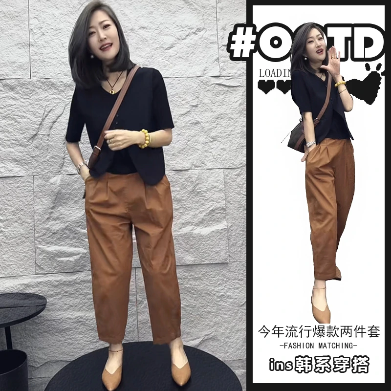 洋气炸街套装女夏季新款复古气质短袖上衣+高腰显瘦休闲裤两件套