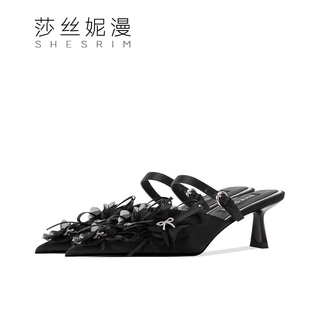 F174-法式性感高跟鞋2025细跟水钻蝴蝶结气质包头凉鞋后空拖鞋