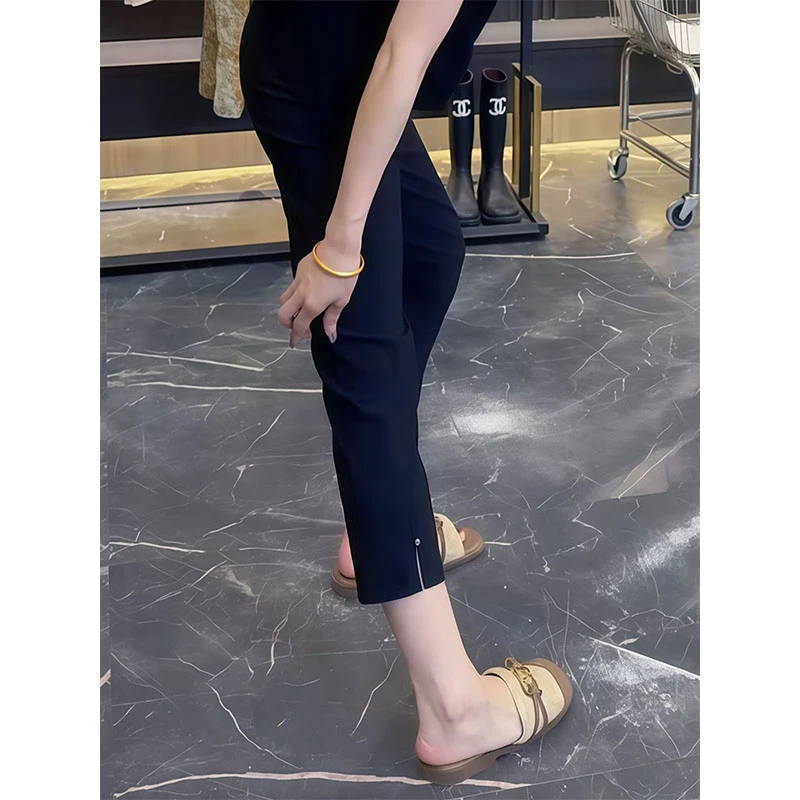 开叉速干百搭休闲裤女夏季薄款梨形身材高腰显瘦八分小脚直筒裤子