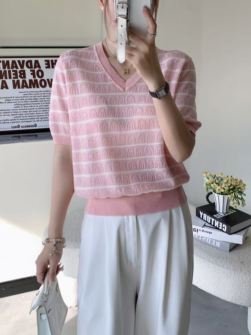 小香风夏季薄款圆领短袖毛针织衫洋气宽松休闲女装镂空时尚