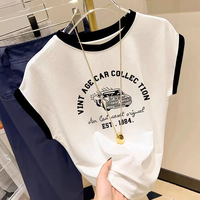 设计感小众飞飞袖正肩短袖t恤女2025新款时尚百搭拼色上衣夏季潮