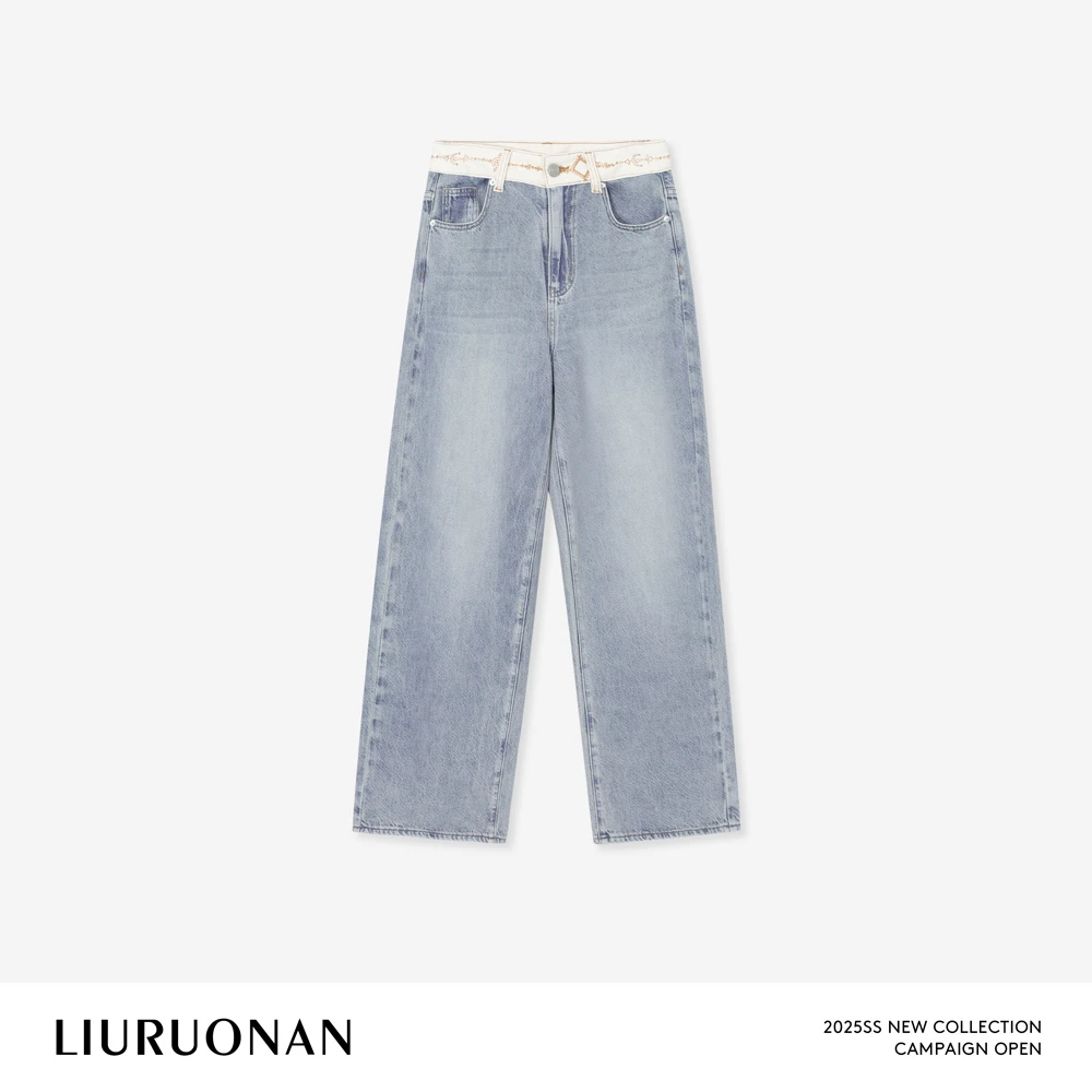 LIURUONAN 25SS【周末牛仔裤】复古印花拼接腰边设计高腰薄款直筒裤