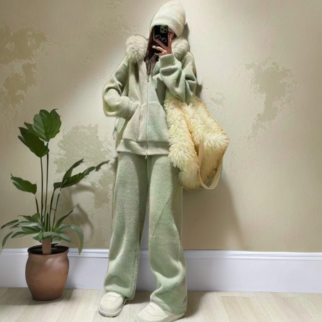 毛领仿貂绒连帽羽绒服套装时尚慵懒风保暖羽绒外套阔腿裤两件套