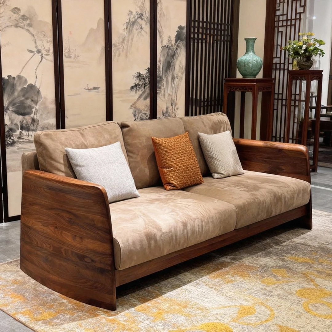 沙发客厅北美黑胡桃木新中式实木沙发宋式美学家用直排布艺沙发