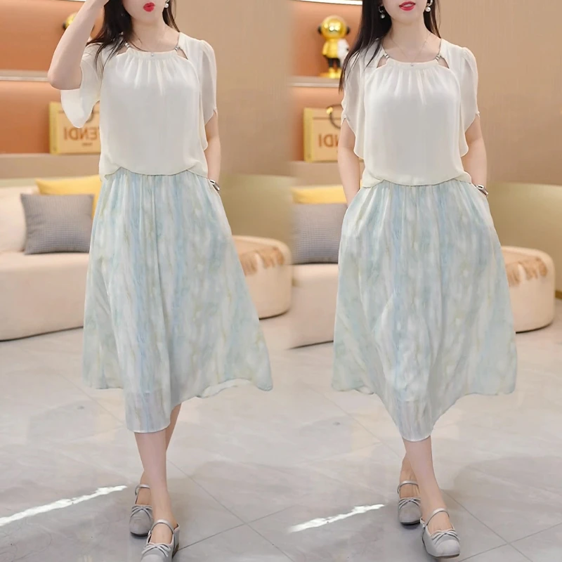 韩版圆领套头短袖连衣裙女2025年夏季新款时尚百搭拼色设计感裙子