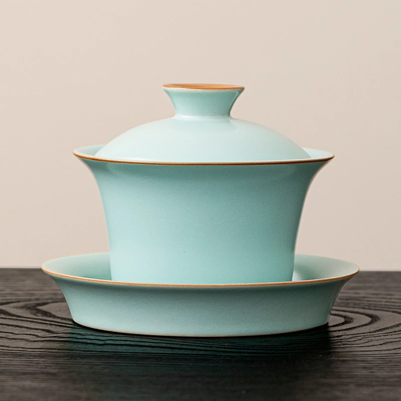【唐丰】汝窑三才盖碗复古陶瓷中式茶道青瓷天青色带盖冰裂纹茶盖碗