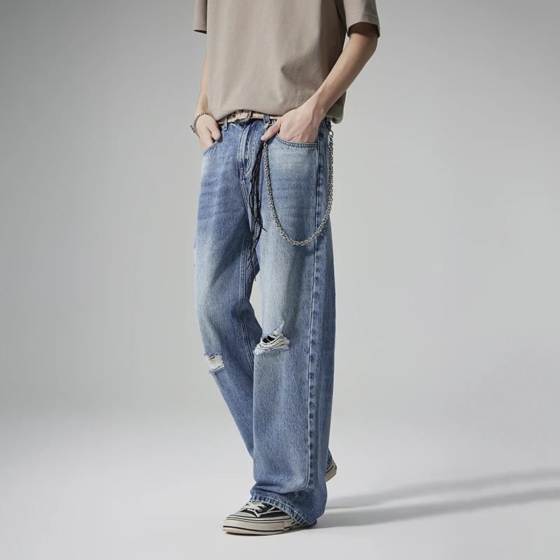 秋冬款男士破洞牛仔裤潮流宽松直筒阔腿裤美式高街