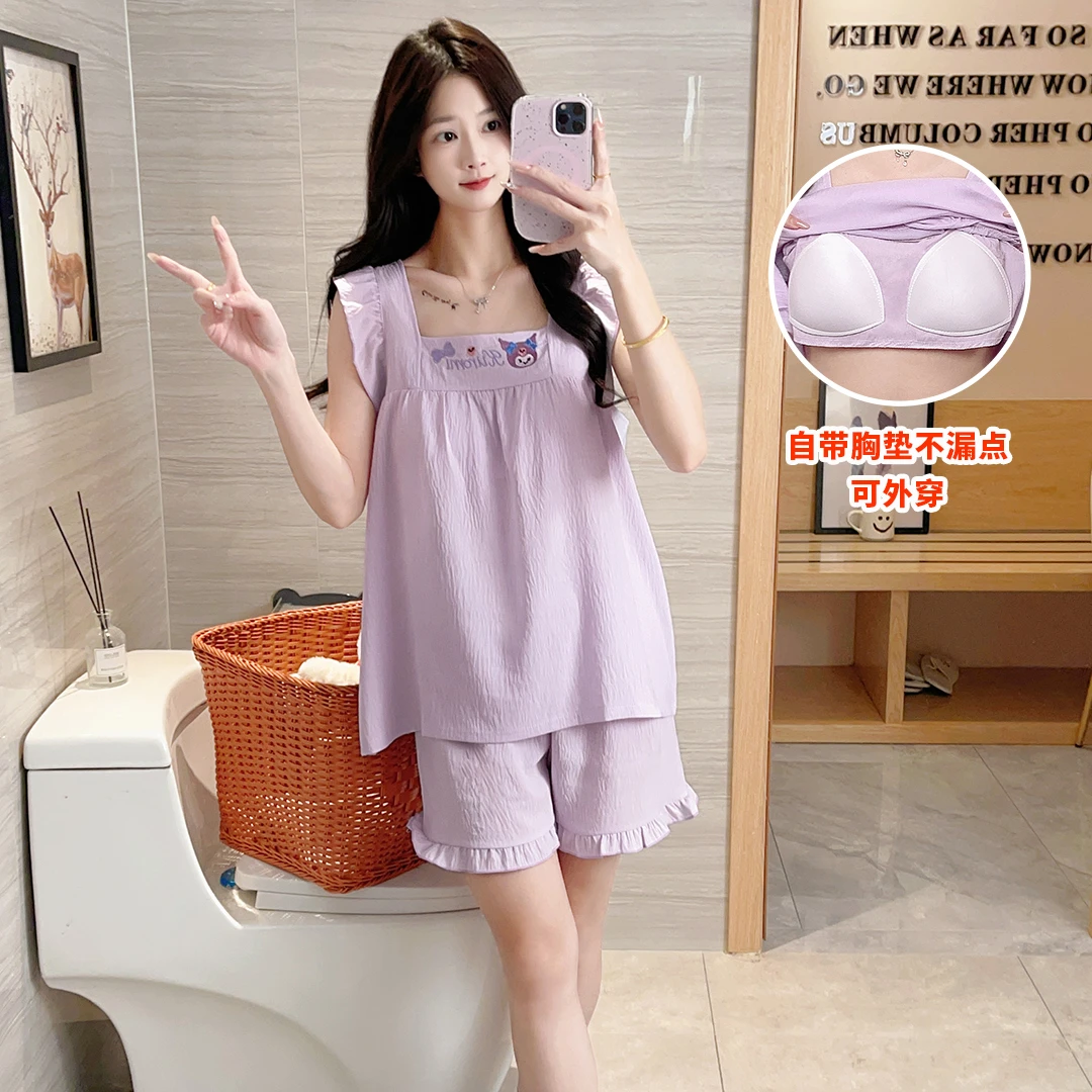 带胸垫云感棉睡衣女士夏季新款可爱库洛米家居服小飞袖短裤两件套