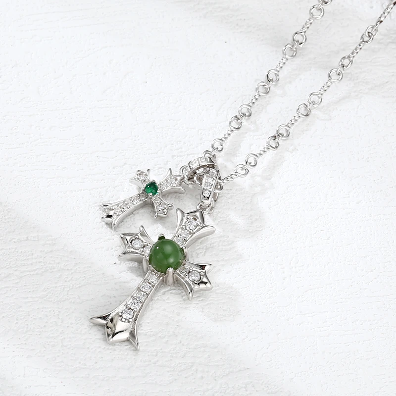 链子925银 精工镶石双十字架项链 流行长款毛衣链